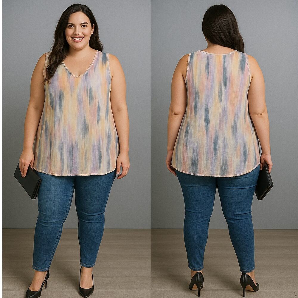 Torrid 3X Georgette Watercolor V-Neck Tank Blouse Raw Edge Sleeveless Top